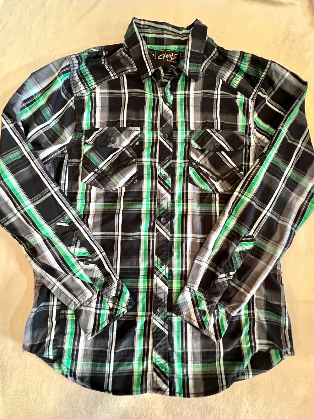 CHALC Men’s Black, Green & White Plaid Button-Down Shirt Vintage y2k era